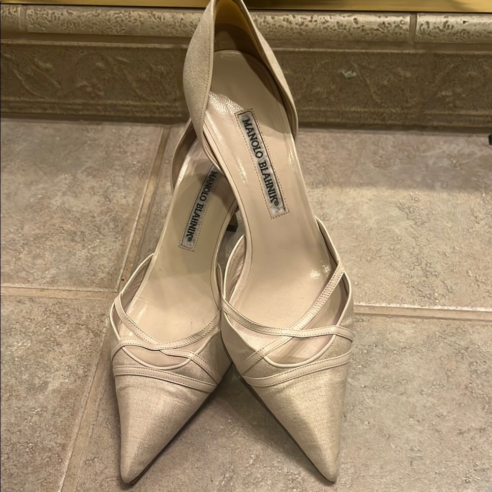Manolo Blahnik Cream Stiletto Heels with Pointed Toe